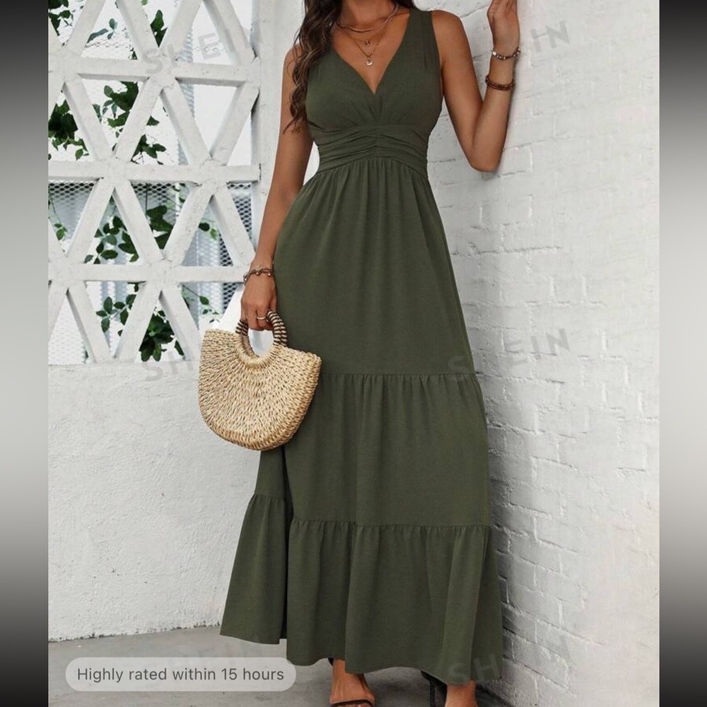 SHEIN Clasi Summer Casual Simple V-Neck Sleeveless Dress With Waist Belt